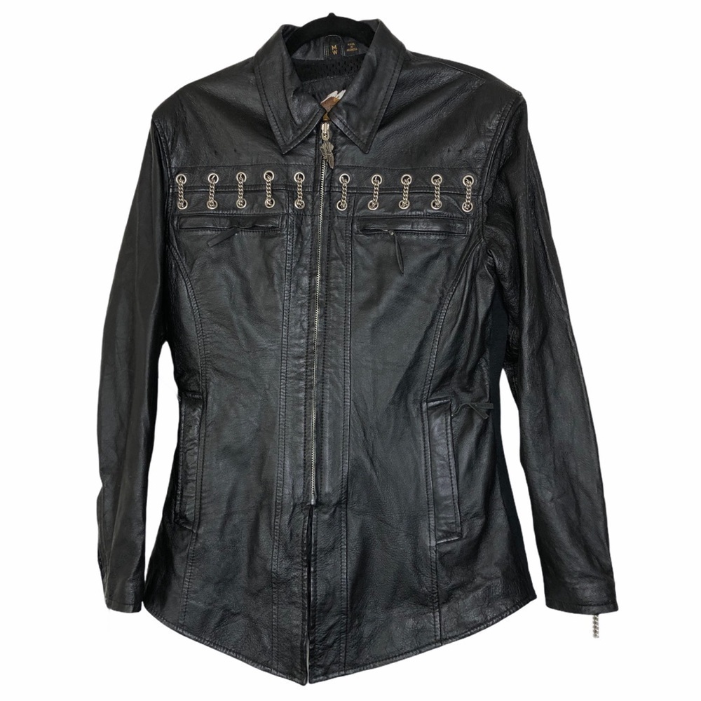 Harley DAVIDSON Black Leather Moto Jacket Silver Chain & HOG Appliqué - Size Med